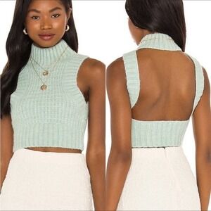 For Love and Lemons Dominique Cropped Open Back Sweater Top in Mint Green L NWT